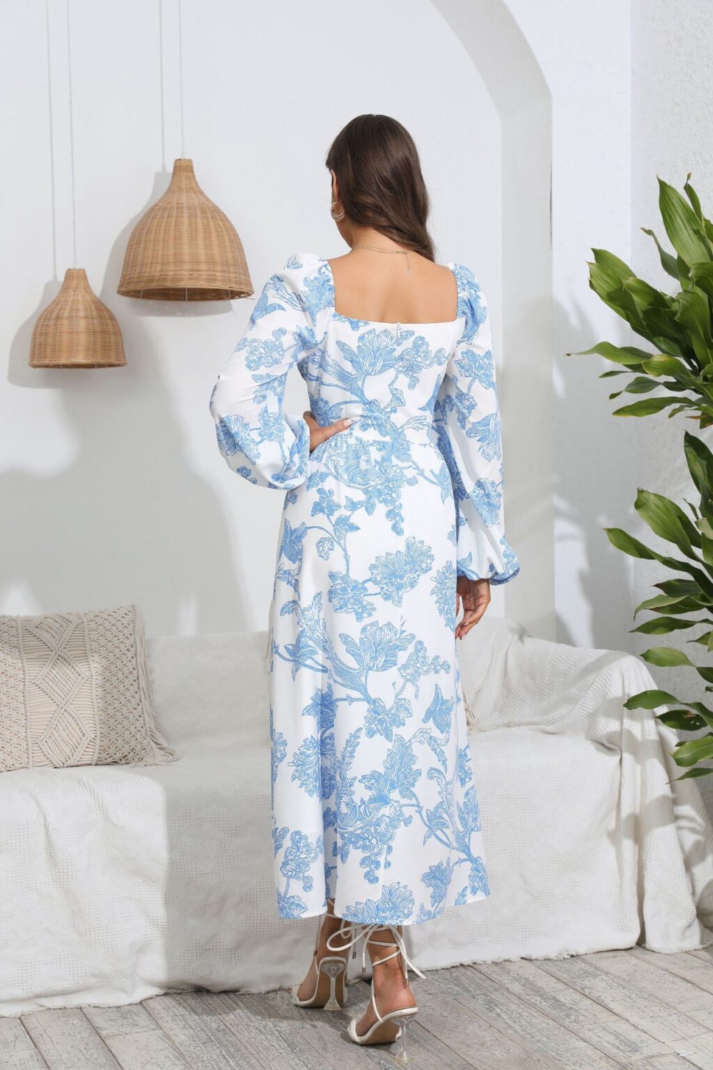 Printed Dress Women Lace up Puff Sleeve Ruffles Vacation Dress - Image 2