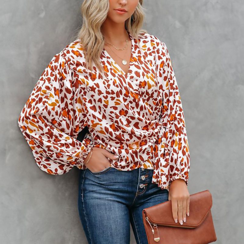 Spring Summer New  Long-Sleeved Casual Shirt Fashion Floral Print Lantern Sleeve Loose Women Top - Image 3