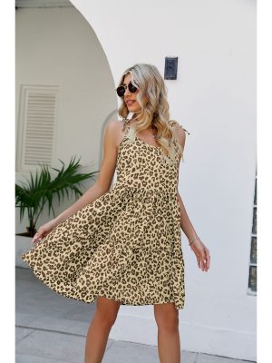 Summer Dress Street Spaghetti Strap Ruffle Sleeveless Printed Leopard Print Dress Women