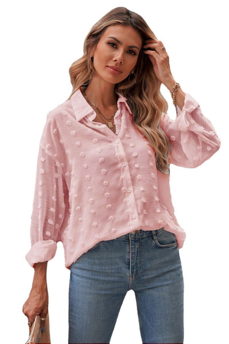 Autumn Women Clothing Long Sleeve Collared Shirt Polka Dot Chiffon Jacquard Cardigan Office Top - Image 3