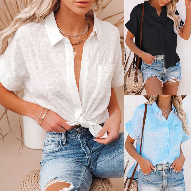 Summer Polo Collar Solid Color Short Sleeve Casual Women Cotton Linen Shirt Top Women Clothing - Image 5