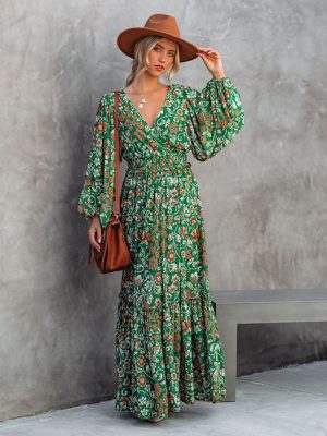 Maxi Floral Print Lantern Long Sleeve V-neck Maxi Backless Stitching Dress Maxi Dress Spring Summer