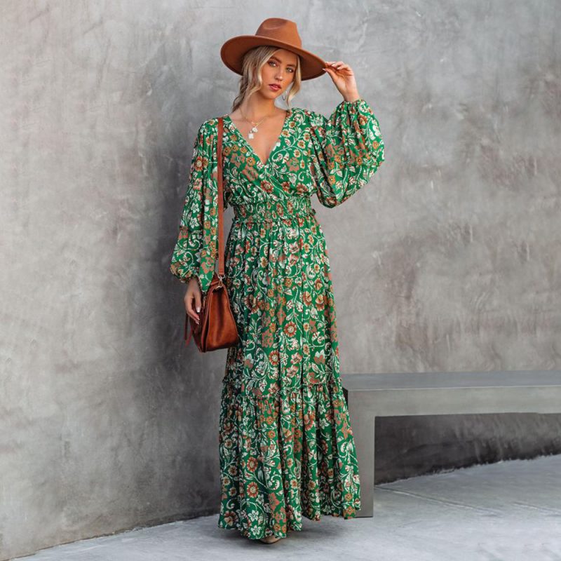 Maxi Floral Print Lantern Long Sleeve V-neck Maxi Backless Stitching Dress Maxi Dress Spring Summer