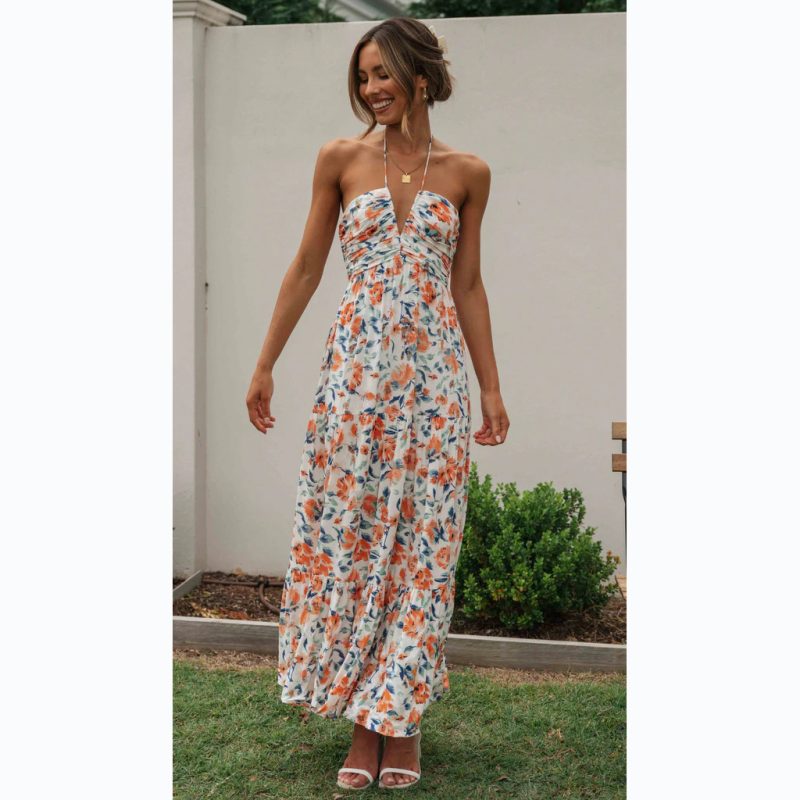 Summer Floral Deep V Plunge neck Backless Camisole Floral Dress - Image 4