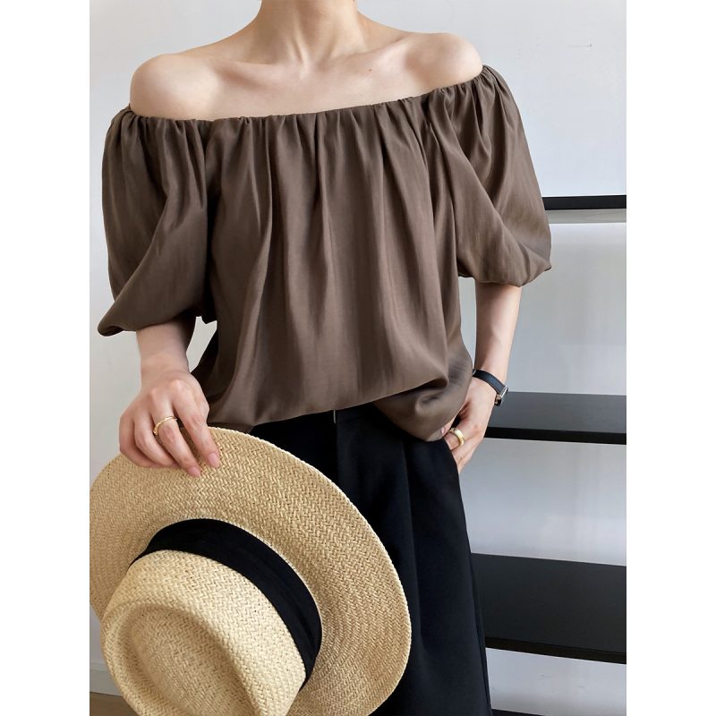 Summer Korean Tencel Puff Sleeve off-the-Shoulder Chiffon Shirt Women High-Grade Thin Doll Shirt Small Shirt - Image 4