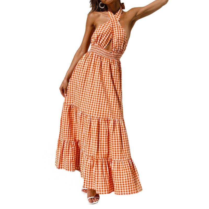 Summer Sexy Casual Tube Top Plaid Dress Midi Dress Women Clothing - Image 4