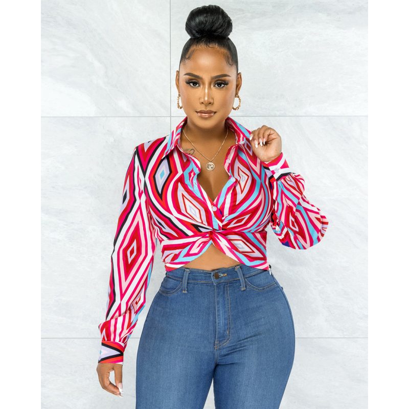 Women Clothing Geometry Pattern Printed Twist Button Shirt Top - Image 2