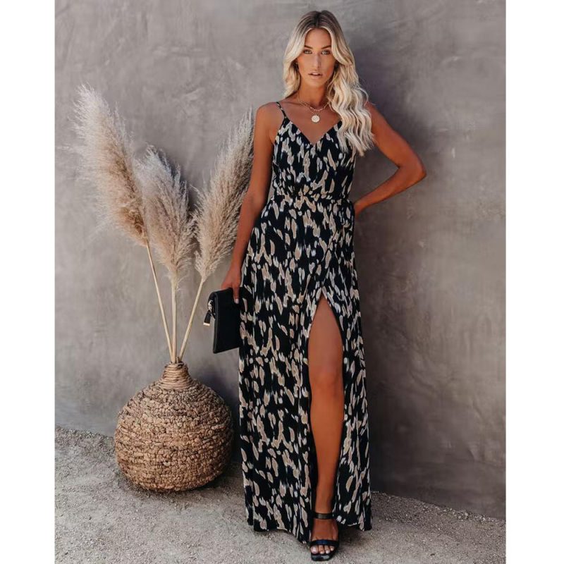 Popular Spring Summer Sexy Backless Print Slit Design Maxi Dress Cami Dress for Women