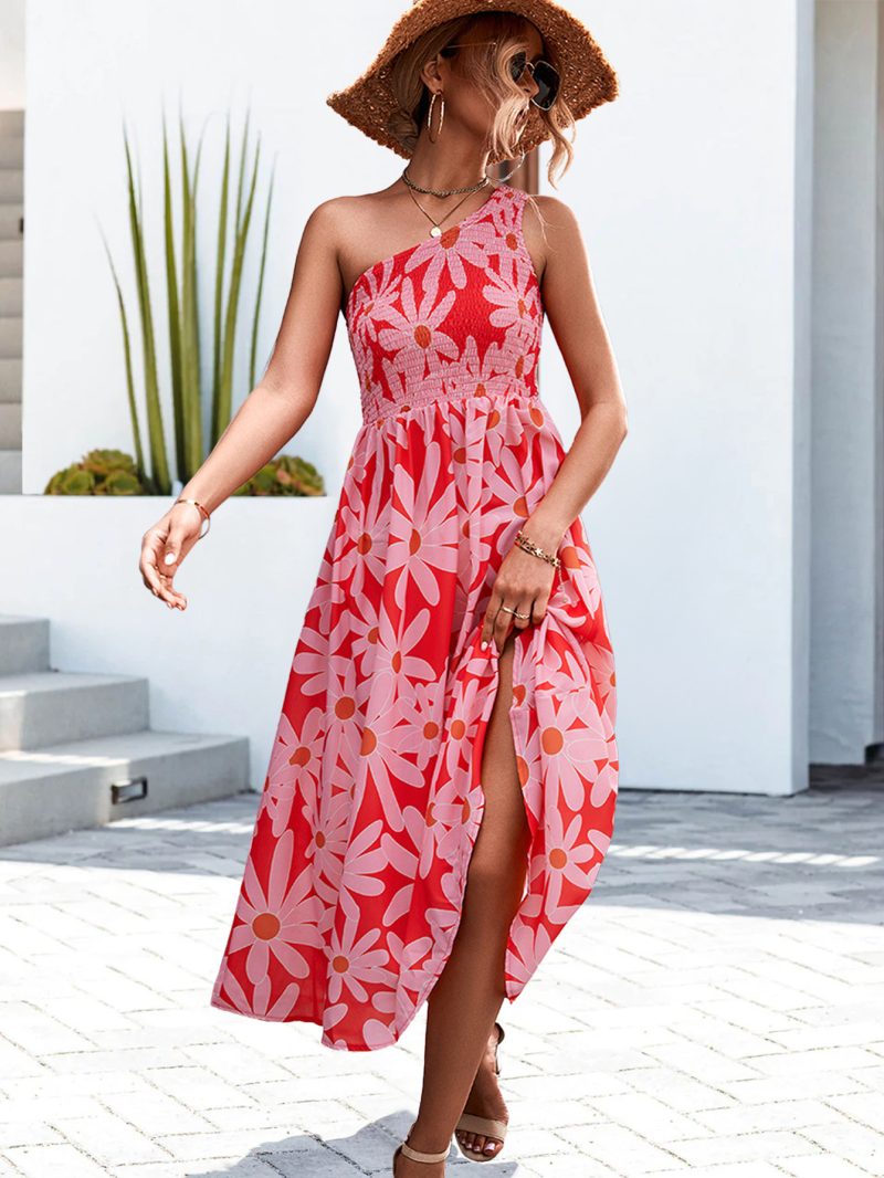 Spring Summer Sexy Oblique Shoulder Smocking Floral Print Dress for Women - Image 3