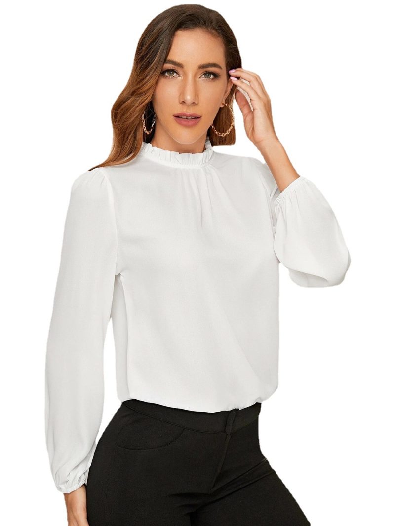 Autumn Ruffled Chiffon Office Lantern Sleeve Solid Color Stand Collar Shirt for Women - Image 4