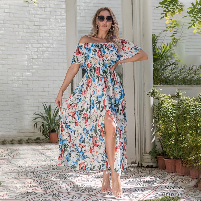 Women Clothing Summer Printing Elegant Slit Sexy off-the-Shoulder Maxi Dress Women