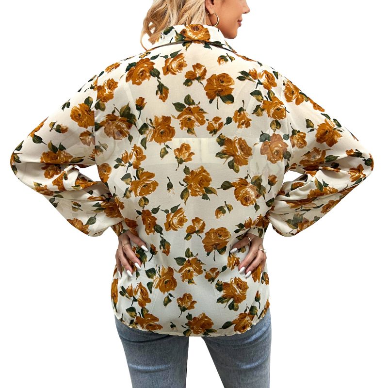 Women Clothing Spring Summer Wih Top Chiffon Floral Shirt - Image 3