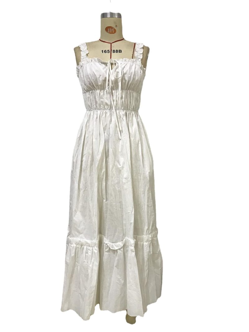 Summer Women  Casual Vacation Wooden Ear Dress Elegant Pleated Sling Large Swing Dress - Image 5