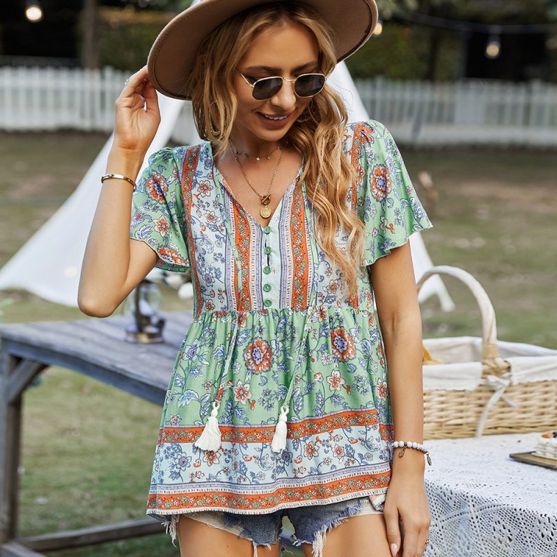 Bohemian Women Wear T-shirt Spring Summer Casual Vacation Babydoll Top - Image 2