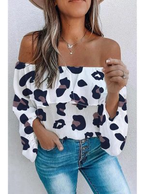 Leopard Print off Shoulder Collar Long Sleeve Shirt Sexy Ruffles Chiffon Shirt