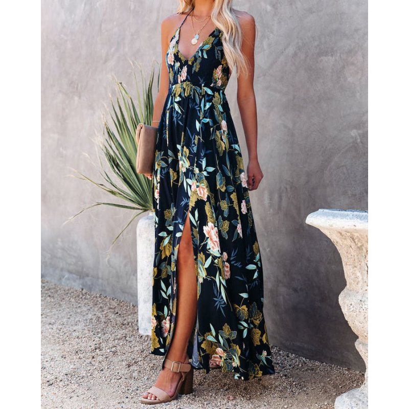 European American Summer V neck Pleated Halter Dress Casual Loose Lace up Dress - Image 4