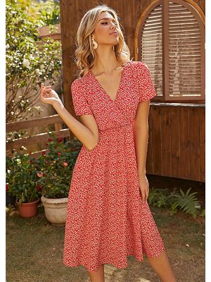 Floral Print V neck Summer Short Sleeve Midi Dress