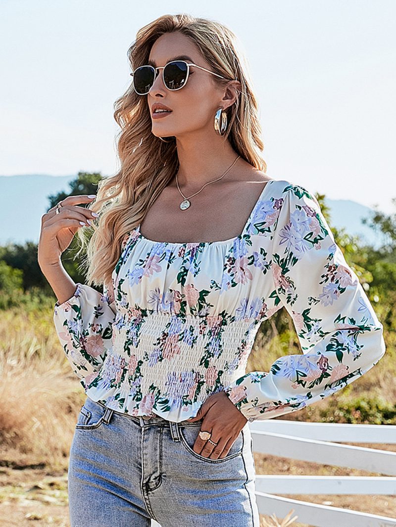Women Clothing Spring Autumn Print Short Tight Long Sleeve Square-Neck Top - Image 3
