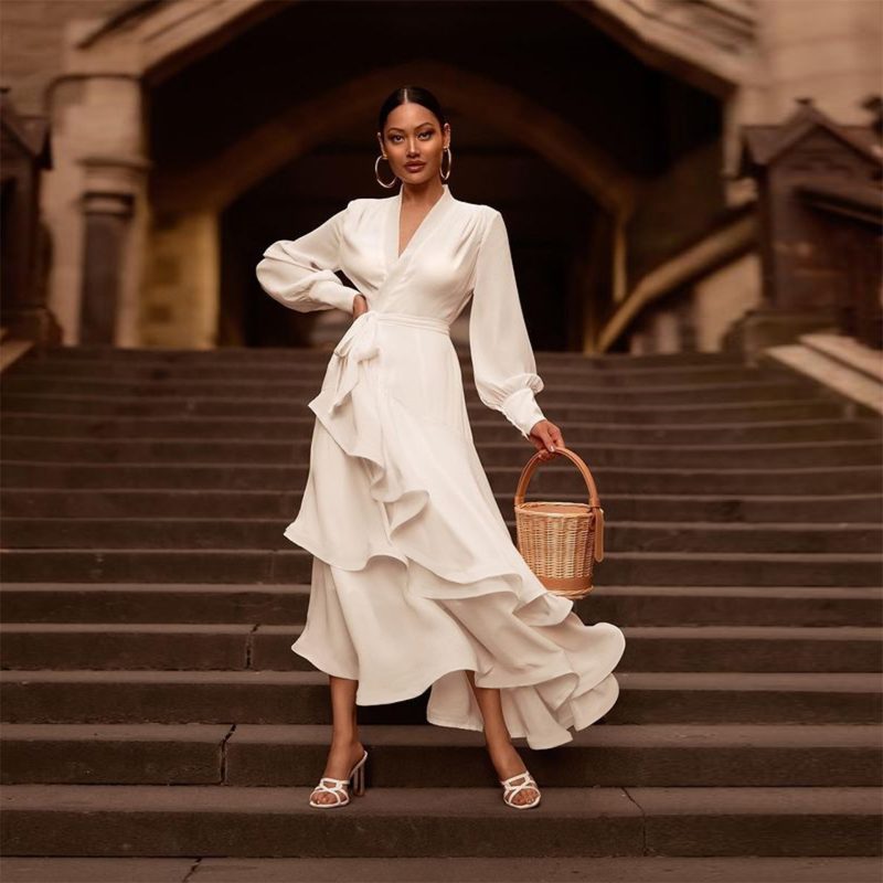 Spring Summer New Women Clothing Deep V Plunge Plunge Sexy Solid Color Dress Maxi Dress - Image 4