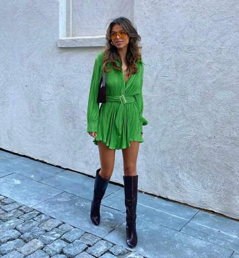 Spring Summer Popular Fashionable Pleated Long Sleeved Shirt Belt Dress - Image 2