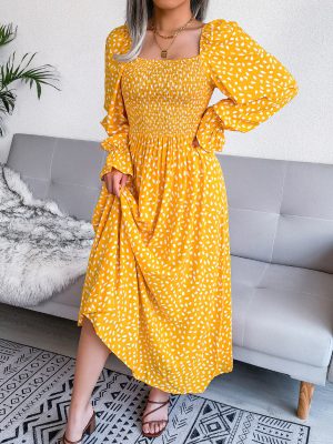 Autumn Winter Square Collar Long Sleeve Holiday Rayon Dress Pleated Dress   Women Clothing