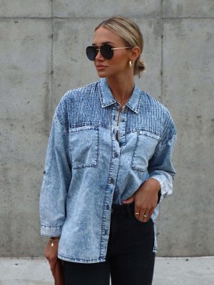 Spring Summer Office Denim Shirt Loose Top Women