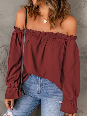 Chiffon Shirt for Women Spring Autumn Solid Color Pullover Sexy off the Shoulder Top Women