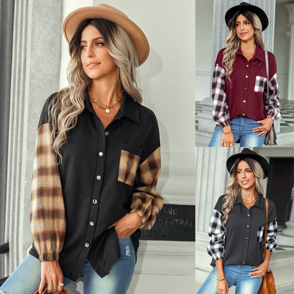 Women Clothing Autumn Winter Plaid Patchwork Top Women Polo Collar Loose Shirt - Image 4
