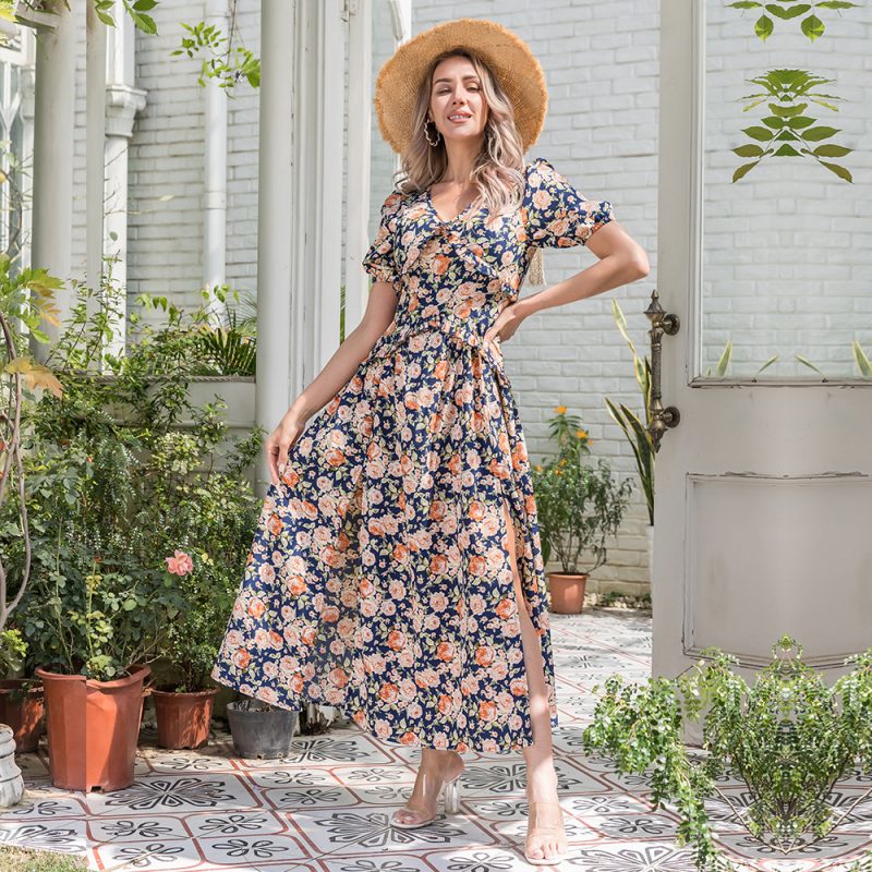 Women Clothing Printed Short Sleeve Dress Dress with Vents Swing Maxi Dress Women - Image 3