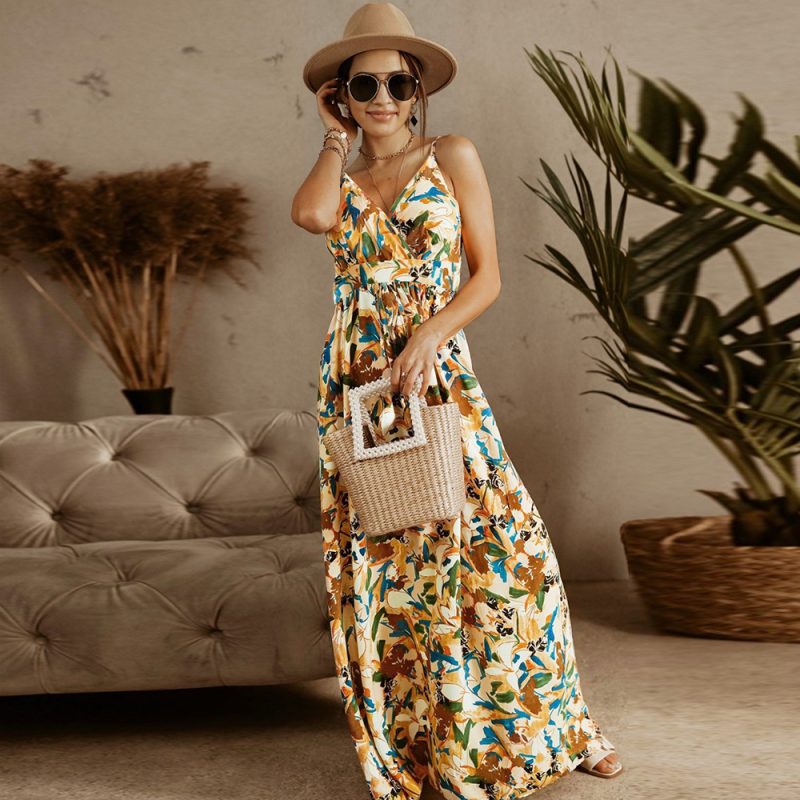Women Clothing Summer Sexy Slim Fit V-neck Strap Floral  Bohemian Beach Dress - Image 3