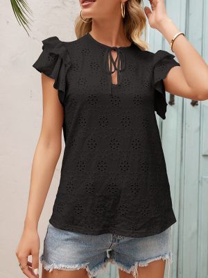 Summer Women Clothing Crocheted Floral Hollow Out Hollow Out Cutout Out Tied round Neck Ruffle Sleeve Shirt Top Women