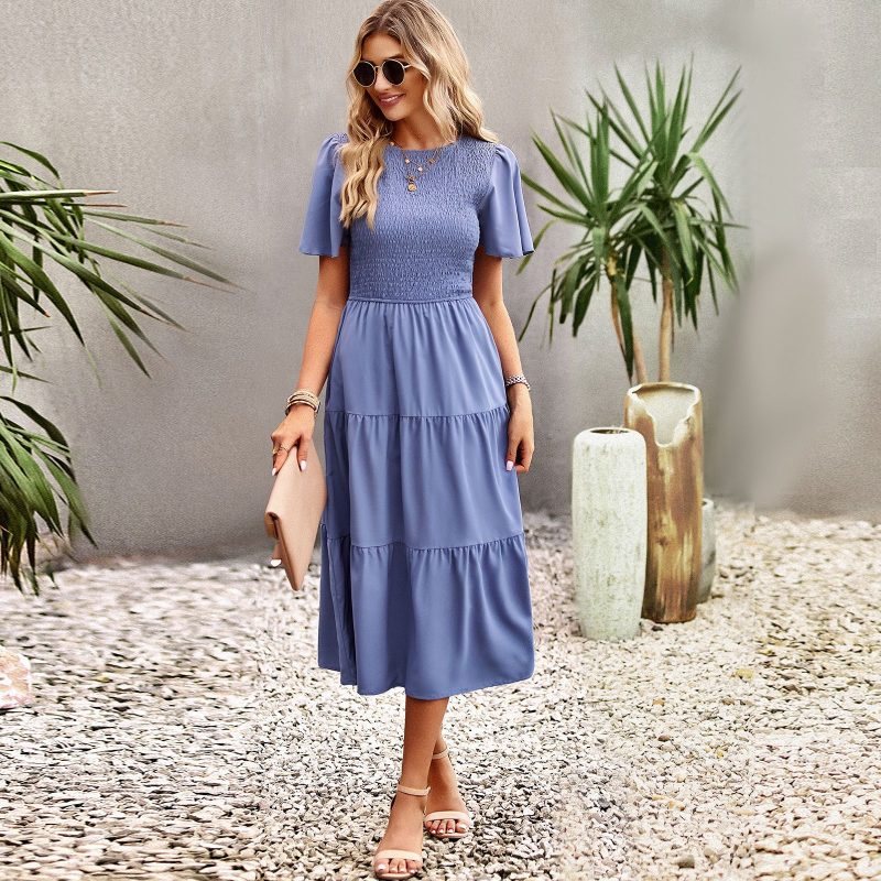 Waist Tight Slimming Large Hem Dress Spring Summer round Neck Smocking Vacation Dress - Image 2