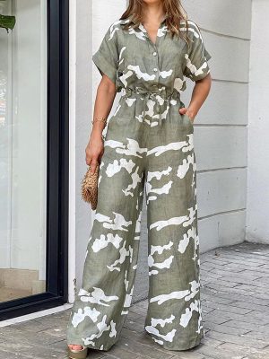 Summer Women Clothing Polo Collar Printed Button Lace up Jumpsuit