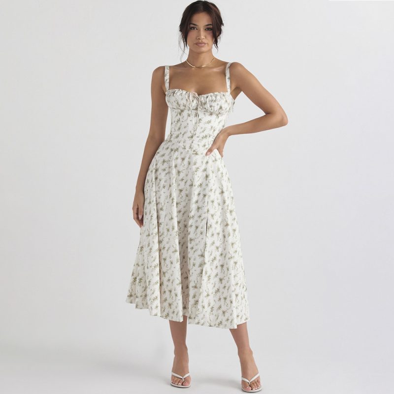 Summer Women Dress Slim Fit Slit Floral  Hollow Out Hollow Out Cutout Backless Strap Dress - Image 4