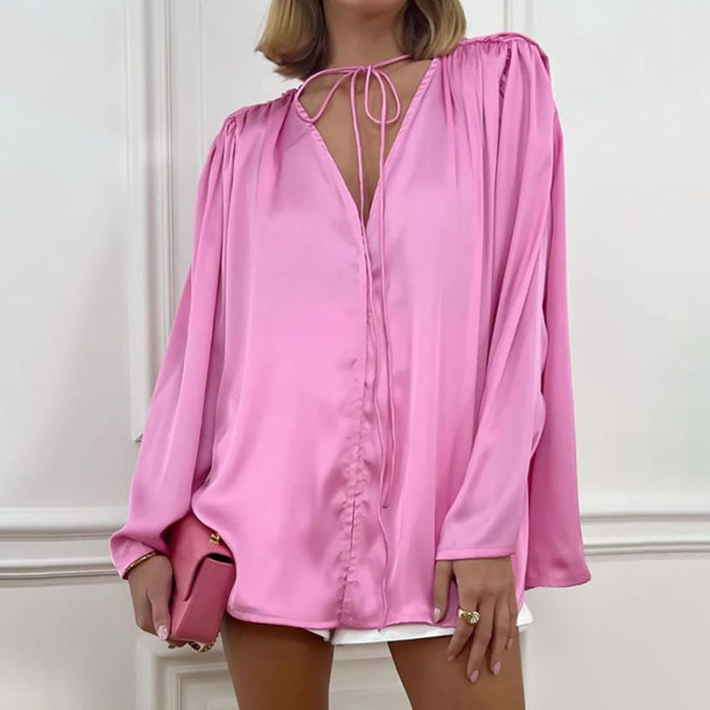 Spring Design Detachable Pink Bow Tie Shirt Women Mid Length Niche Long Sleeve Shirt Bandage Dress - Image 3