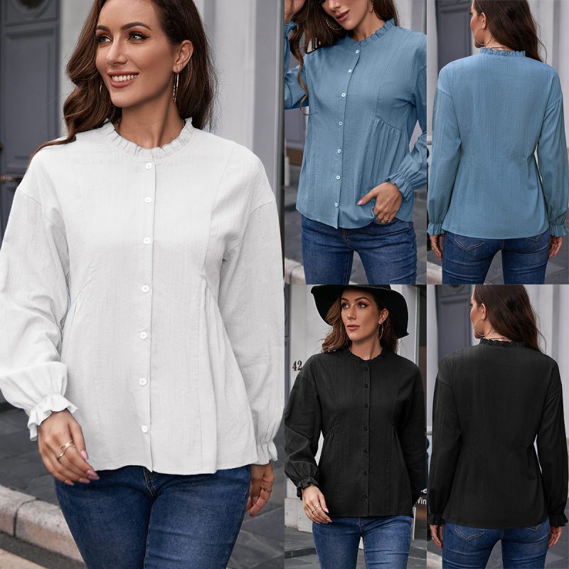 Office Slim Fit Ruffled Long Sleeve Stringy Selvedge Stand-up Collar Single-Breasted Shirt Pure Cotton Shirt Top for Women - Image 5