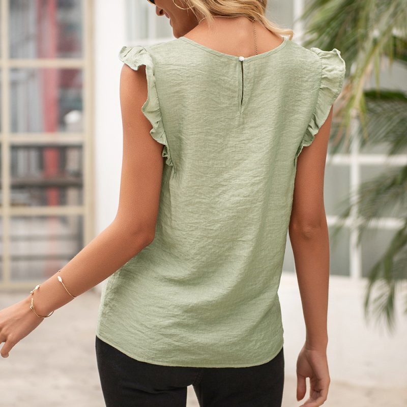 Women Clothing  Summer  Simple Elegant Ruffle Sleeve round Neck Short Sleeve Top Women - Image 2