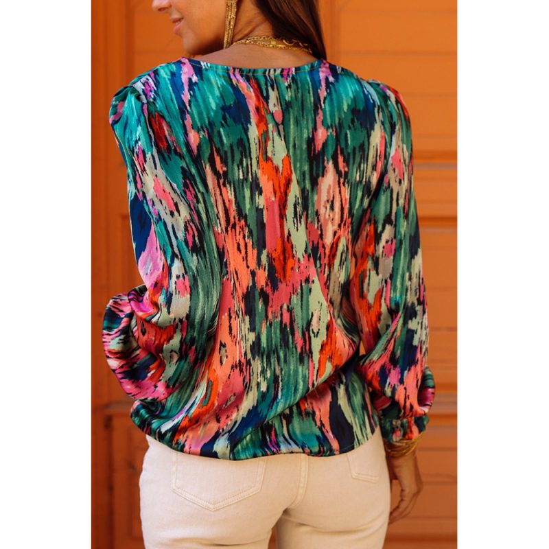 Multi Color V neck Abstract Printing Long Sleeve Pullover Shirt Women - Image 2