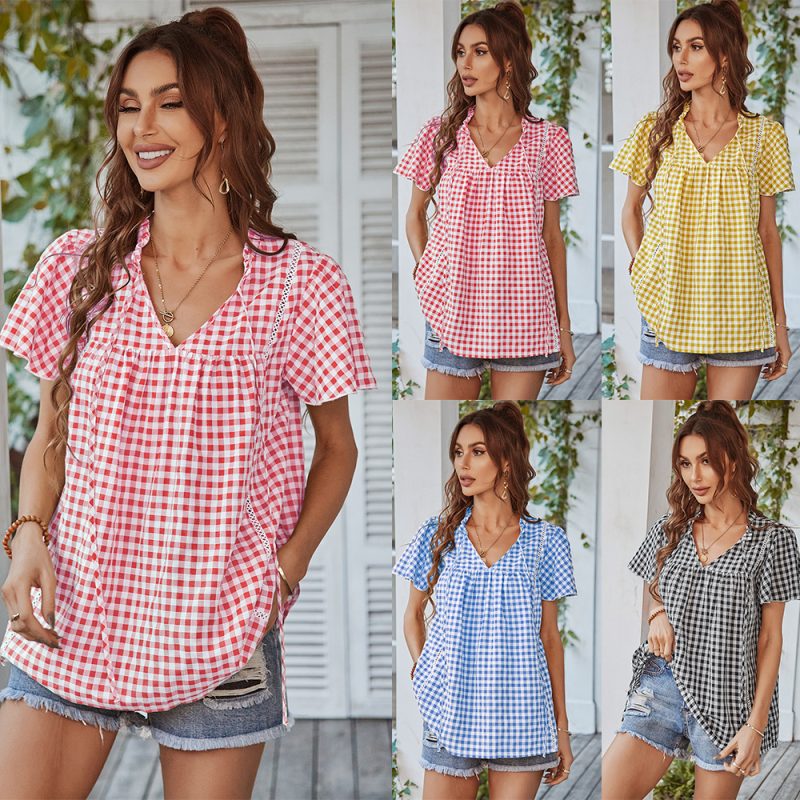 Plaid Top Spring Summer V-neck Girl Blouse Female - Image 4
