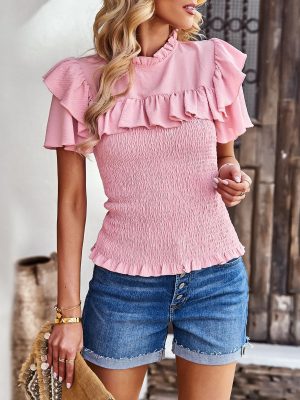 Ruffled Short Sleeves Shirt Women Summer Office Short Sleeve Top