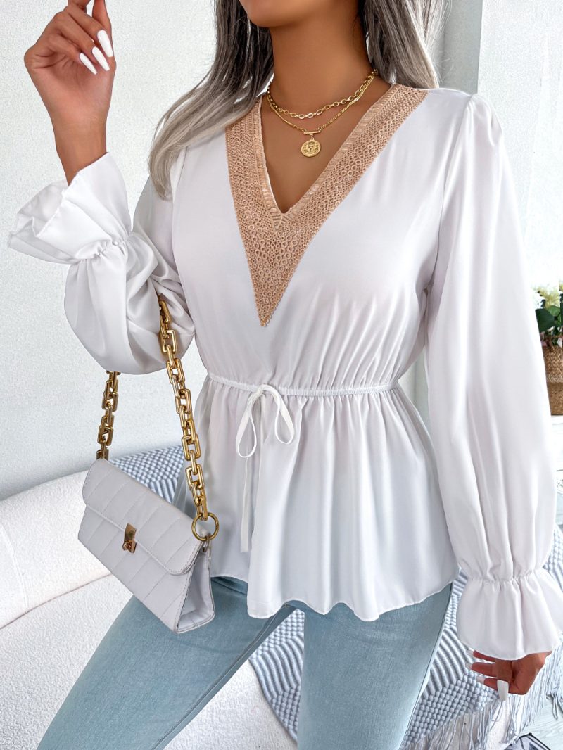 Spring Summer Casual V Neck Lace Lace Up Waist Trimming Ruffles Chiffon Shirt Women Clothing - Image 3