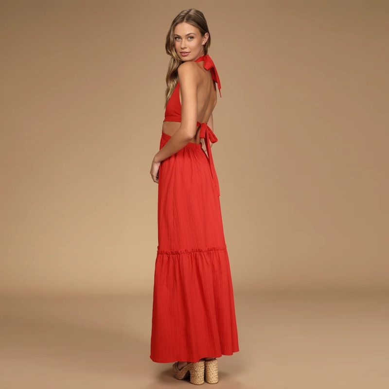 Women Clothing Summer Casual Vacation Halter Lace-up Layered Maxi Dress Tiered Dress - Image 2
