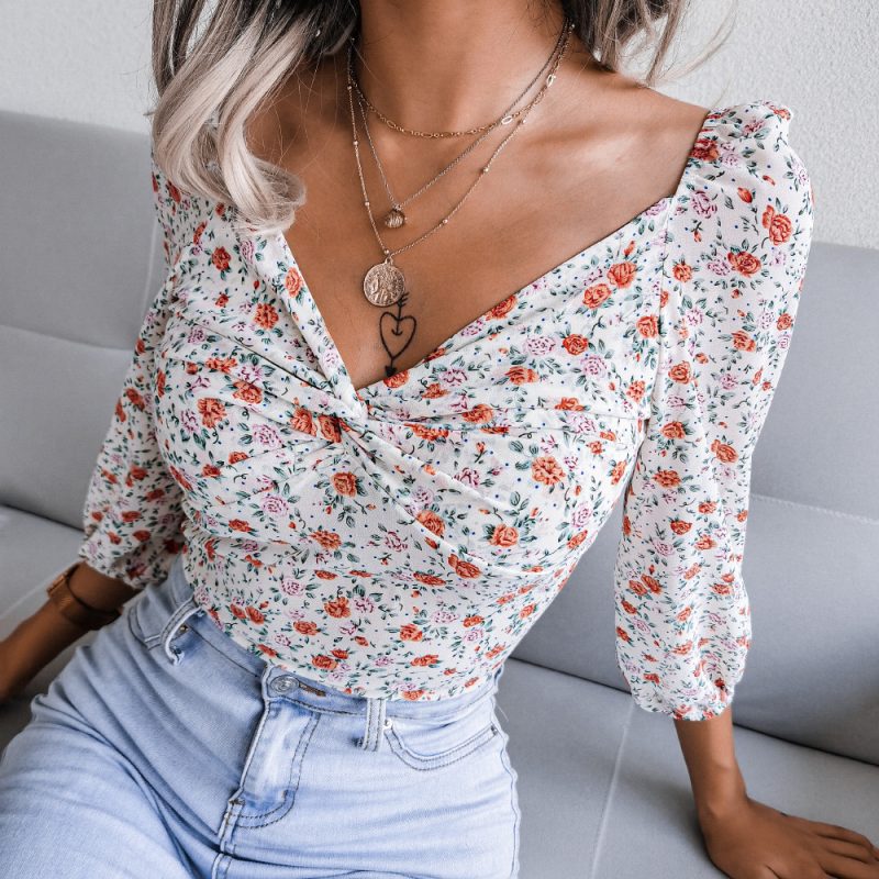 Autumn Winter Sexy V-neck Knotted Floral Chiffon Shirt Top Women Clothing - Image 2
