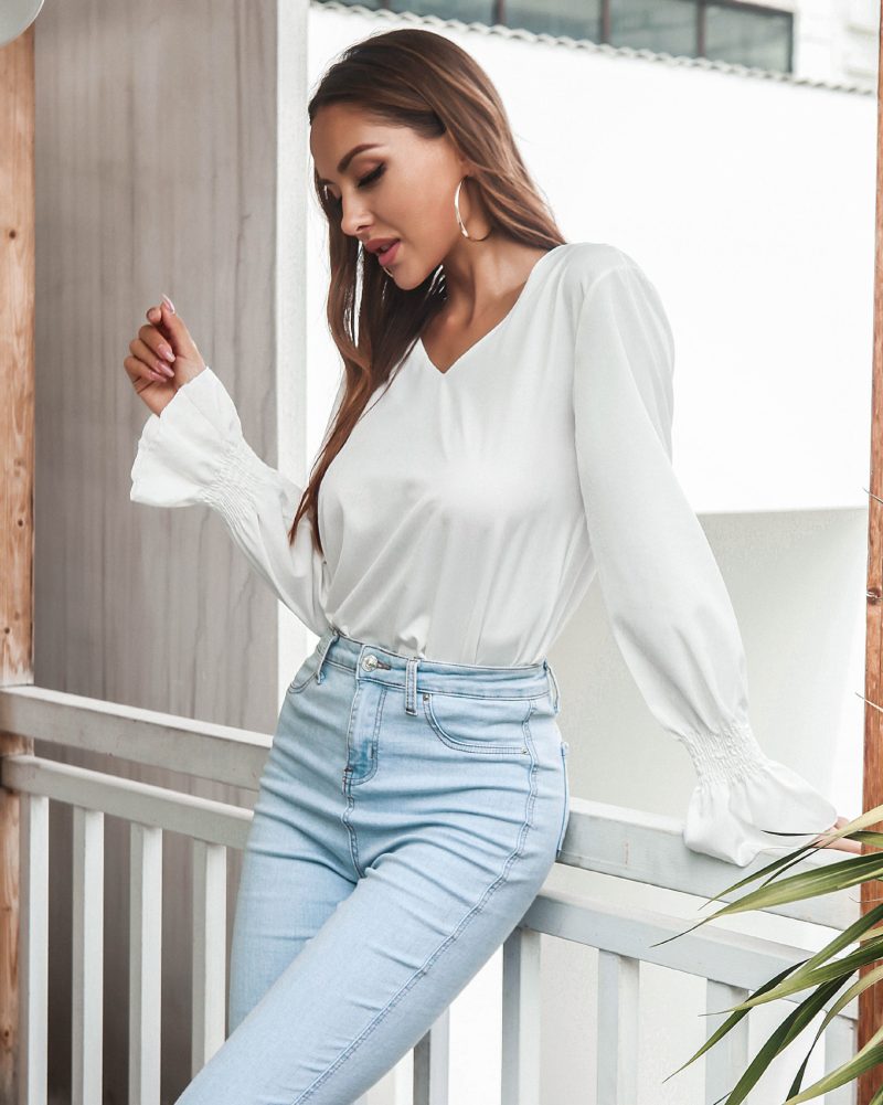 Fall Women Clothing V-neck Backless Bell Sleeve Shirt - Image 4