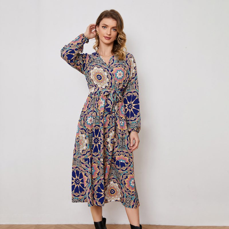 Abstract Holiday Floral Print Lace up Waist Controlled Long Sleeve Dress - Image 3