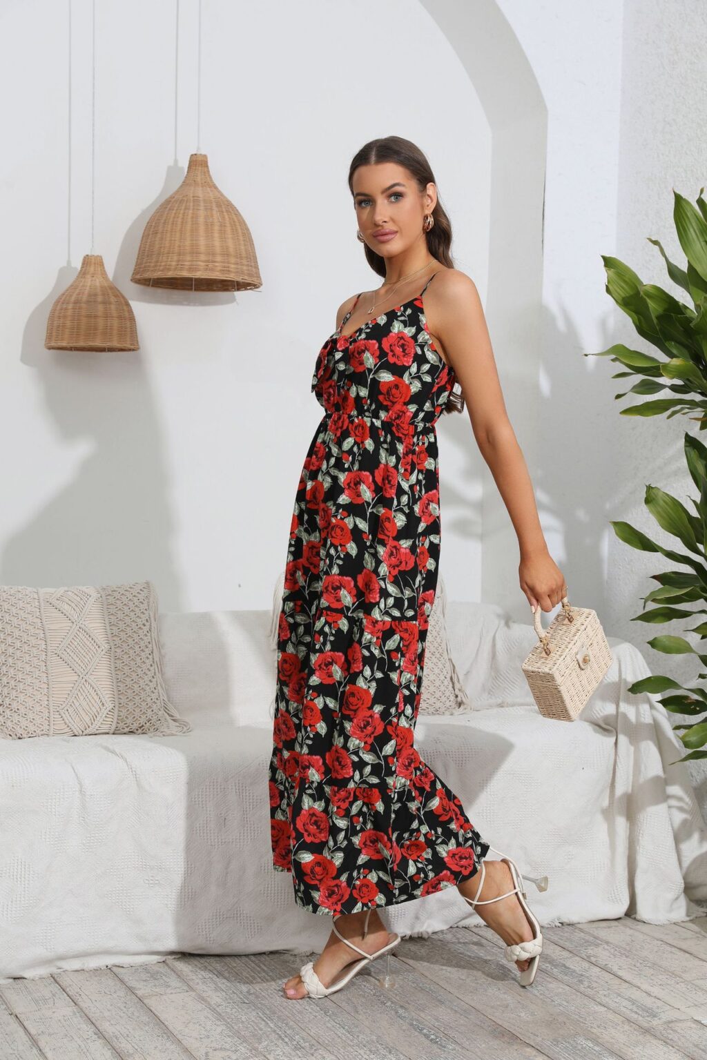 Spring Summer Popular Lace up Floral Dress Bohemian Large Swing - Image 3
