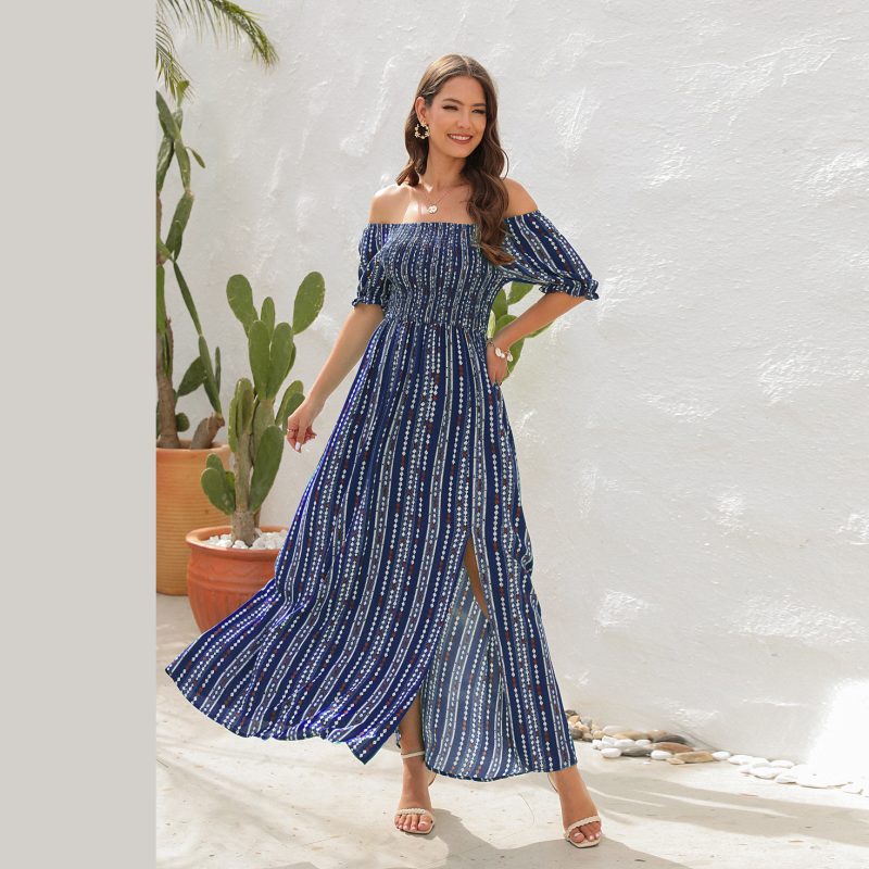Spring Summer Vertical Stripes Floral Print Slit Waist Dress off Shoulder Short Sleeve Vacation Casual Dress - Image 4