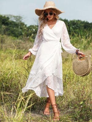 Women Clothing Bohemian Beach Vacation Lace up Waist Jacquard Dress