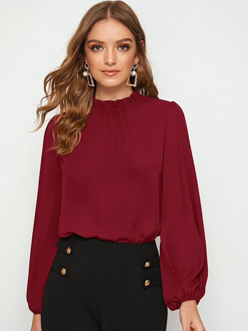 Autumn Ruffled Chiffon Office Lantern Sleeve Solid Color Stand Collar Shirt for Women - Image 2