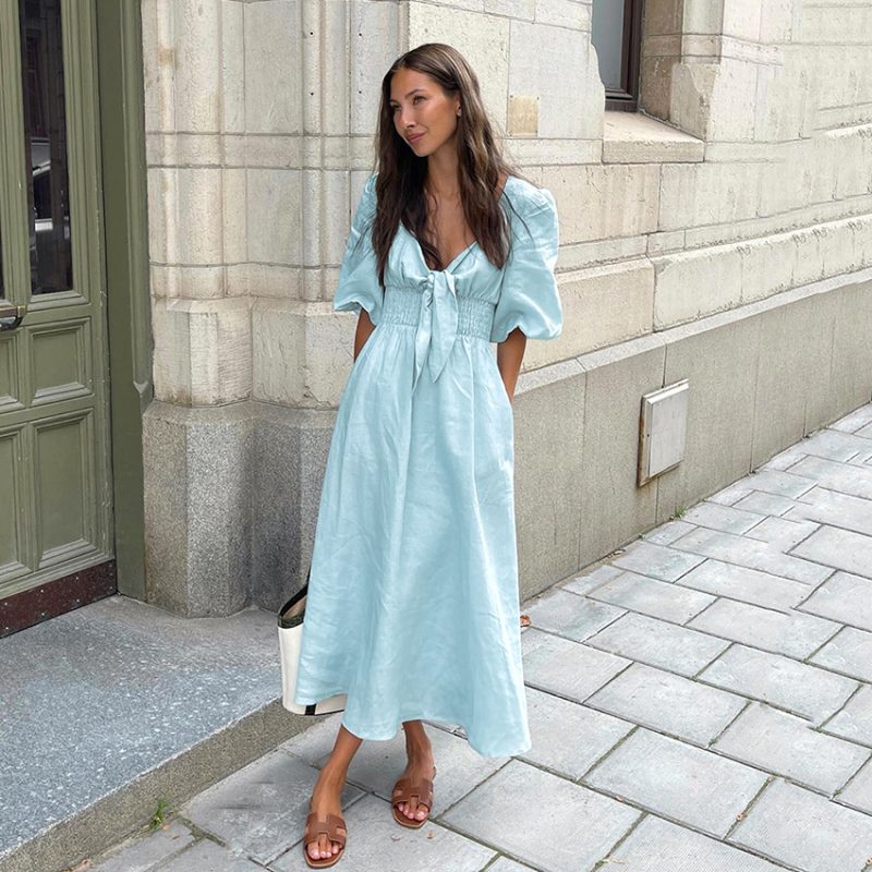 Summer French Elegant Dress Sexy Low Cut V neck Puff Sleeve High Waist Cotton Linen Dress - Image 3